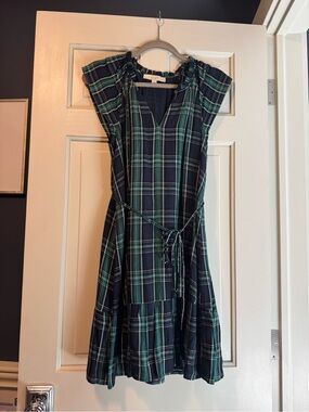 LOFT Navy and Green Plaid Tie-Waist Midi Dress
